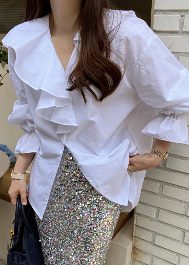 White Cotton Blouse Tops Asymmetrical Ruffles Fall