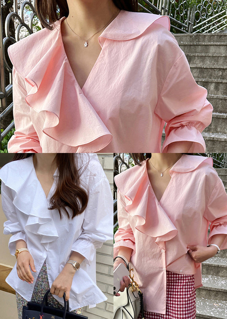 White Cotton Blouse Tops Asymmetrical Ruffles Fall