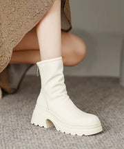 White Cowhide Leather Splicing Chic Chunky Boots