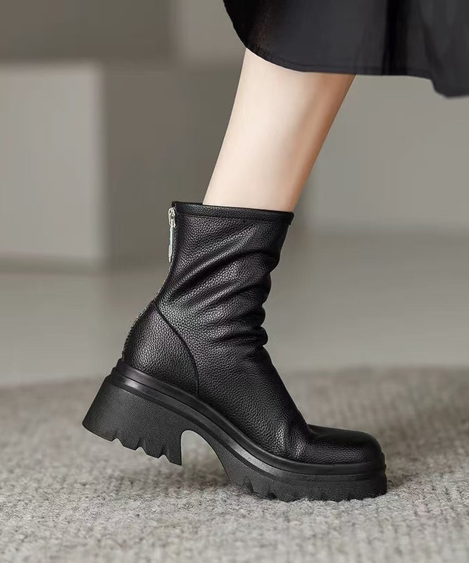 White Cowhide Leather Splicing Chic Chunky Boots