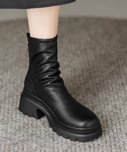 White Cowhide Leather Splicing Chic Chunky Boots