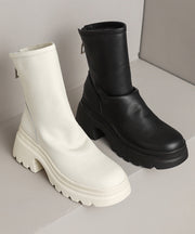 White Cowhide Leather Splicing Chic Chunky Boots