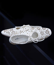 White Cowhide Leather Splicing Hollow Out Lace Up Flat Shoes