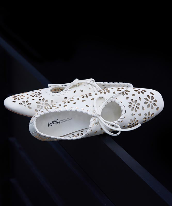 White Cowhide Leather Splicing Hollow Out Lace Up Flat Shoes