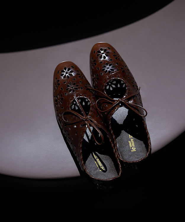 White Cowhide Leather Splicing Hollow Out Lace Up Flat Shoes