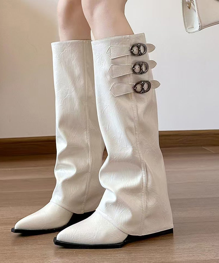 White Cowhide Leather Splicing Wedge Boots Pointed Toe