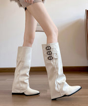 White Cowhide Leather Splicing Wedge Boots Pointed Toe