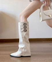 White Cowhide Leather Splicing Wedge Boots Pointed Toe
