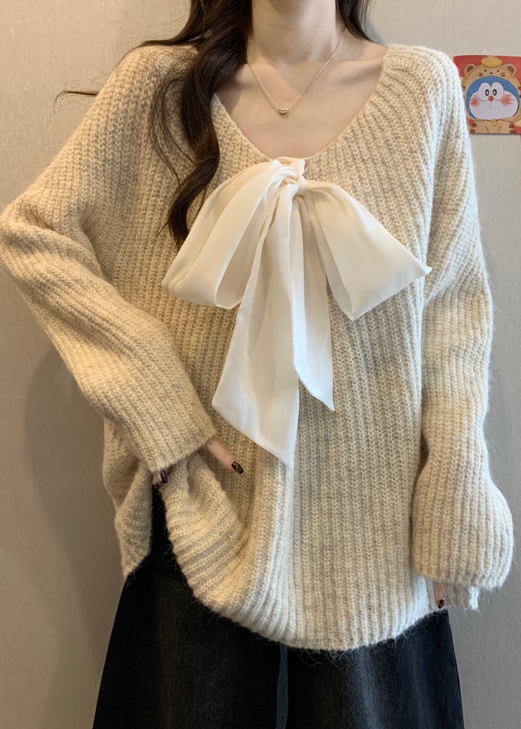 White Cozy Knit Sweaters Oversized Bow Winter