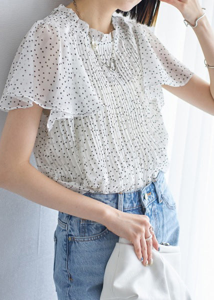 White Dot Chiffon Top Oversized Wrinkled Cloak Sleeves