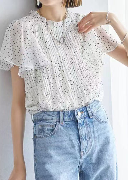 White Dot Chiffon Top Oversized Wrinkled Cloak Sleeves