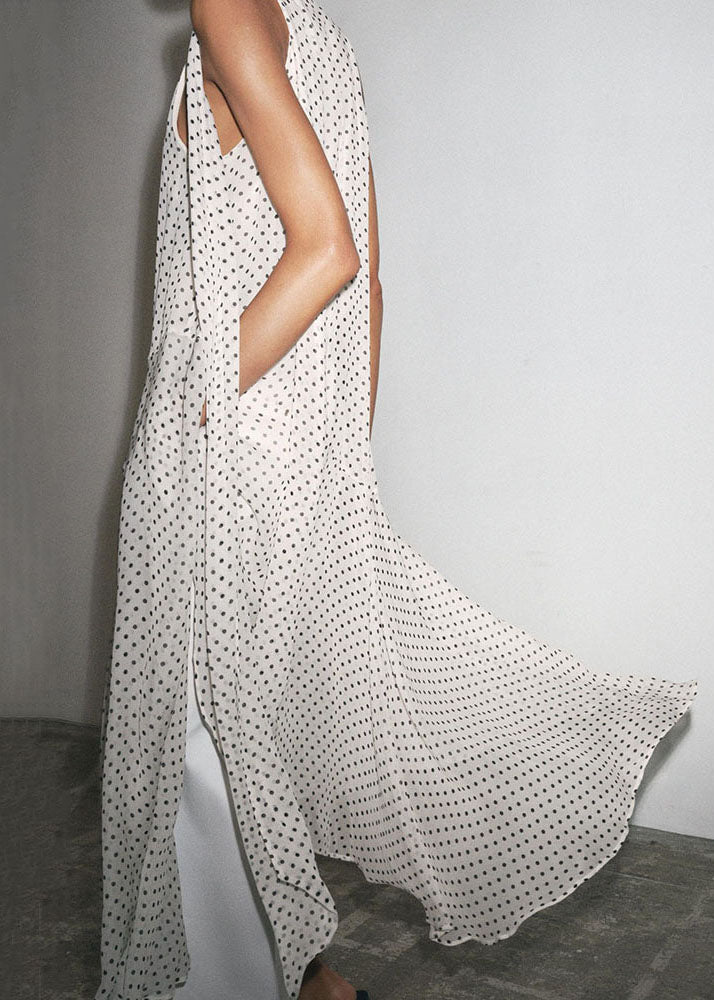 White Dot Side Open Chiffon Long Dress Lace Up Sleeveless