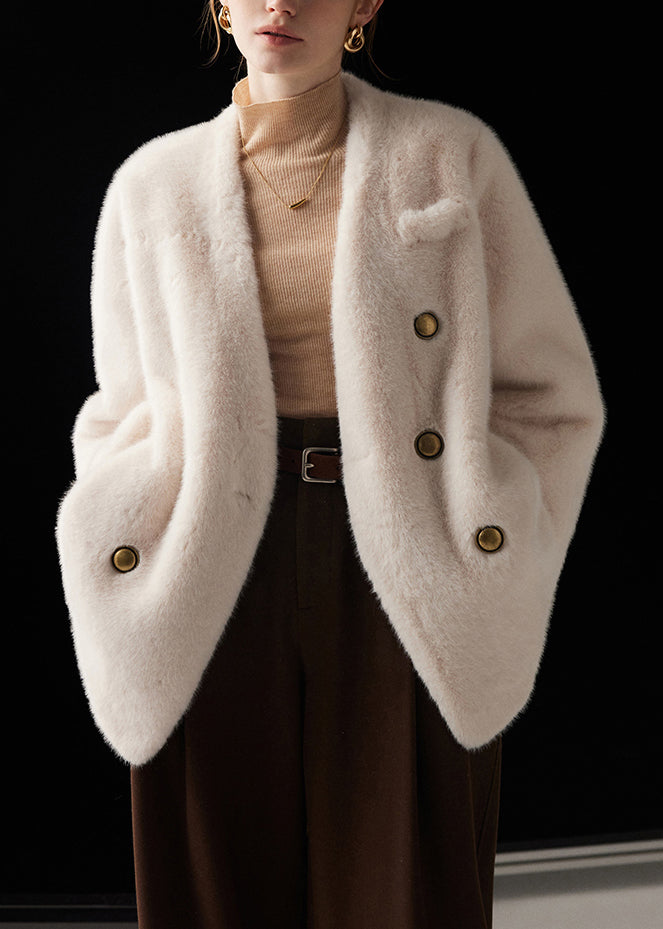 White Double Breast Pockets Mink Hair Winter Coat V Neck