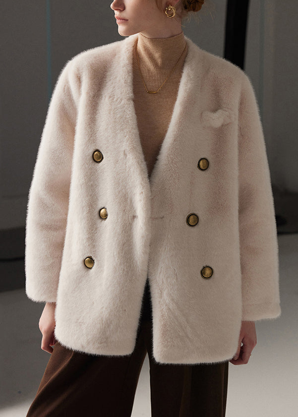White Double Breast Pockets Mink Hair Winter Coat V Neck