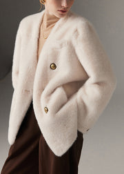 White Double Breast Pockets Mink Hair Winter Coat V Neck
