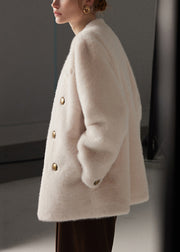 White Double Breast Pockets Mink Hair Winter Coat V Neck