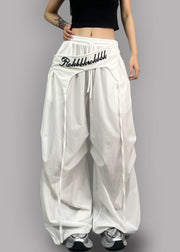 White Drawstring High Waist Cotton Wide Leg Pants Asymmetrical