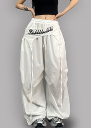 White Drawstring High Waist Cotton Wide Leg Pants Asymmetrical