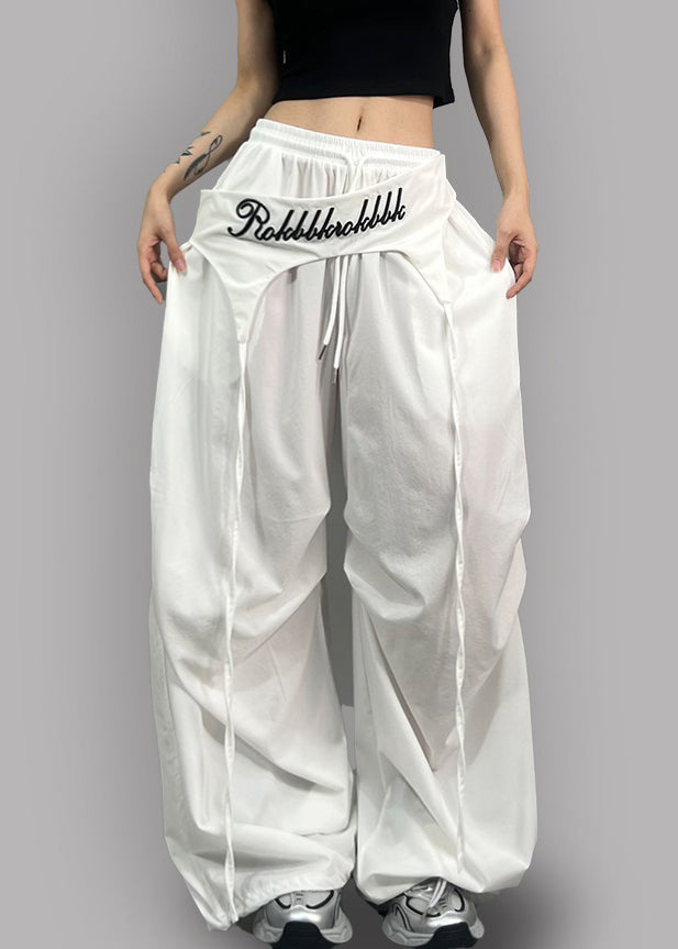White Drawstring High Waist Cotton Wide Leg Pants Asymmetrical