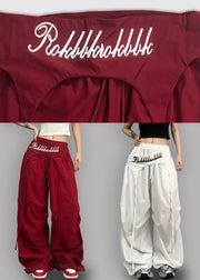 White Drawstring High Waist Cotton Wide Leg Pants Asymmetrical