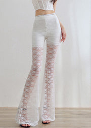 White Elastic Waist Lace Flared Trousers Hollow Out