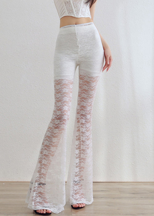 White Elastic Waist Lace Flared Trousers Hollow Out