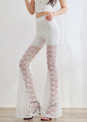 White Elastic Waist Lace Flared Trousers Hollow Out