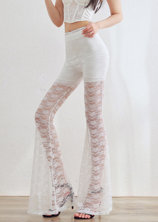 White Elastic Waist Lace Flared Trousers Hollow Out