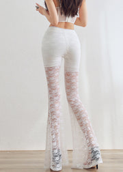 White Elastic Waist Lace Flared Trousers Hollow Out
