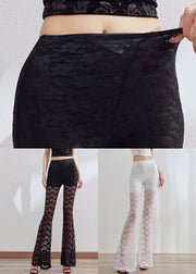 White Elastic Waist Lace Flared Trousers Hollow Out