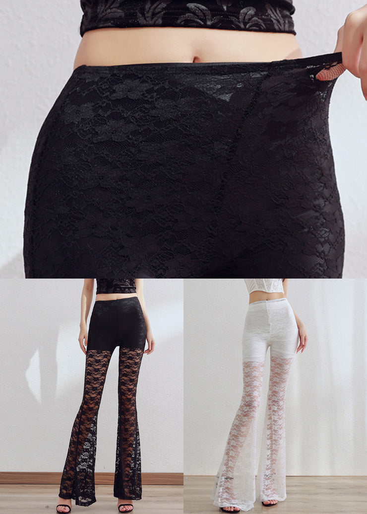 White Elastic Waist Lace Flared Trousers Hollow Out