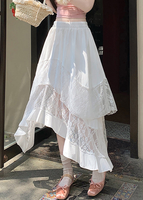 White Elastic Waist Patchwork Cotton Summer Skirts Asymmetrical