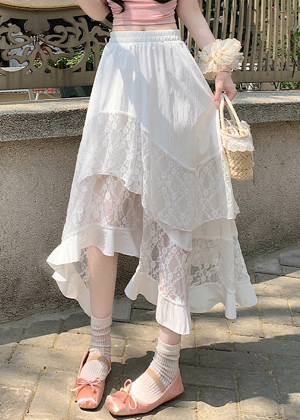 White Elastic Waist Patchwork Cotton Summer Skirts Asymmetrical