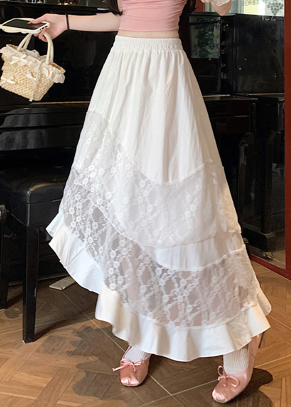 White Elastic Waist Patchwork Cotton Summer Skirts Asymmetrical