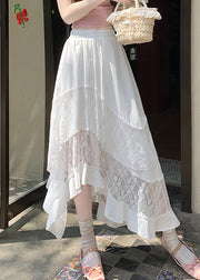 White Elastic Waist Patchwork Cotton Summer Skirts Asymmetrical