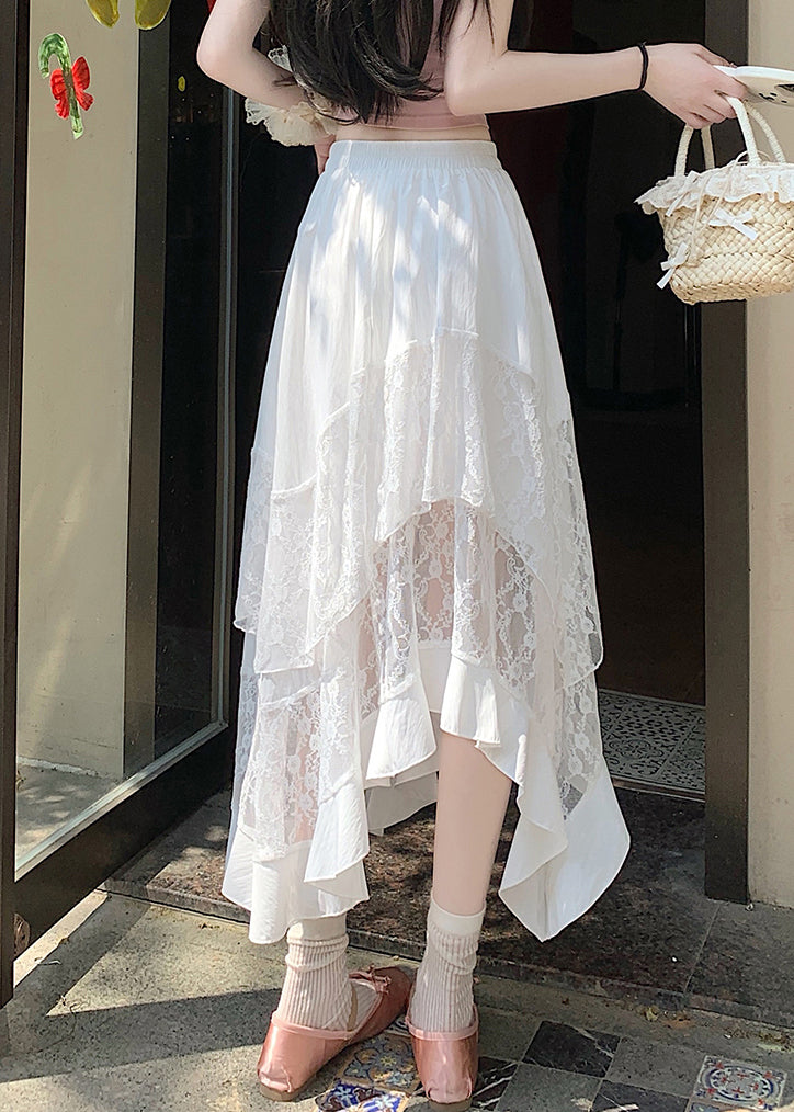 White Elastic Waist Patchwork Cotton Summer Skirts Asymmetrical