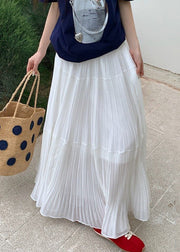White Elastic Waist Solid Chiffon Maxi Skirts Wrinkled