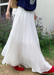 White Elastic Waist Solid Chiffon Maxi Skirts Wrinkled