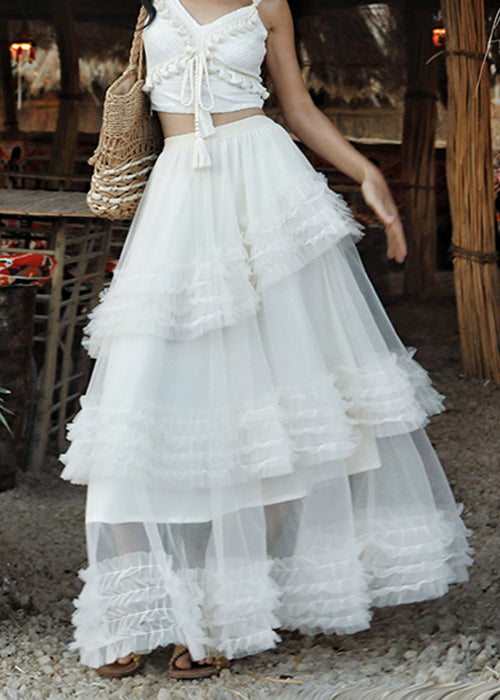 White Elastic Waist Solid Tulle Summer Maxi Skirts Ruffled