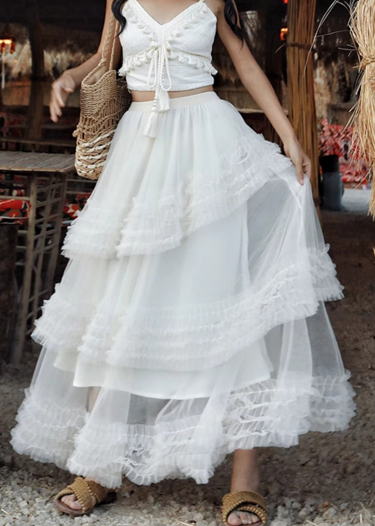 White Elastic Waist Solid Tulle Summer Maxi Skirts Ruffled