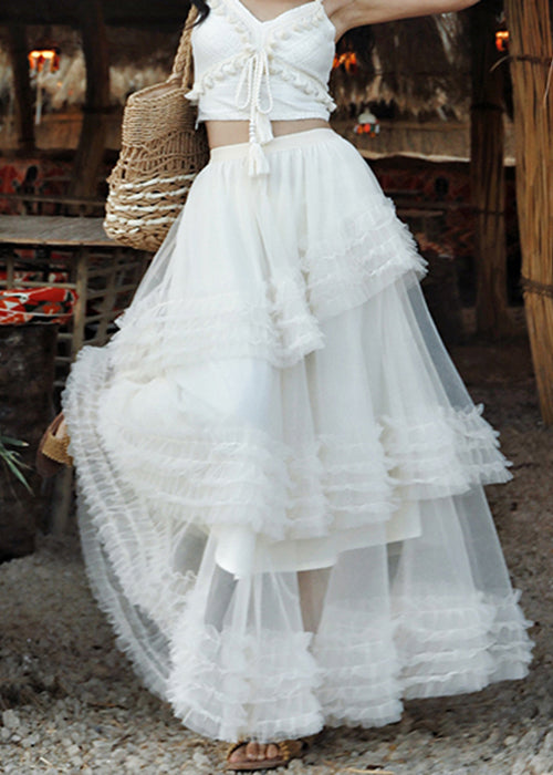 White Elastic Waist Solid Tulle Summer Maxi Skirts Ruffled