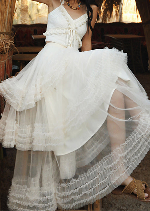 White Elastic Waist Solid Tulle Summer Maxi Skirts Ruffled