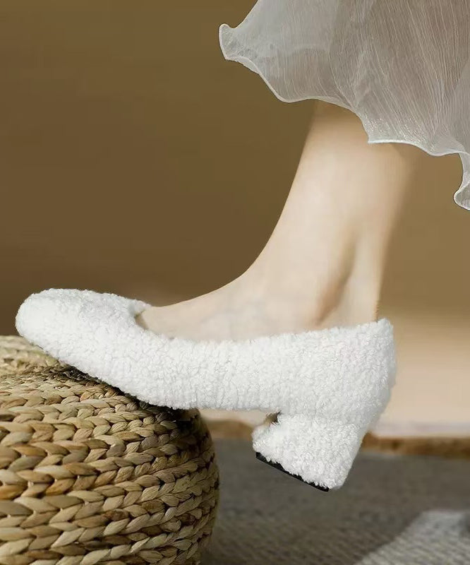White Faux Fur Splicing Chunky High Heels Fuzzy Wool Lined