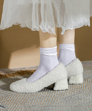 White Faux Fur Splicing Chunky High Heels Fuzzy Wool Lined
