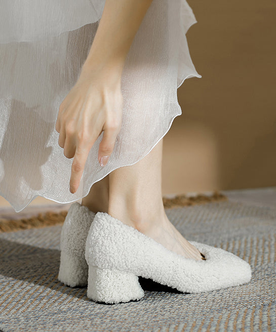 White Faux Fur Splicing Chunky High Heels Fuzzy Wool Lined