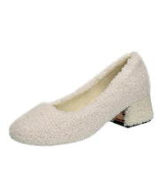 White Faux Fur Splicing Chunky High Heels Fuzzy Wool Lined