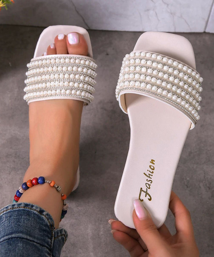 White Faux Leather New Nail Bead Splicing Slide Sandals