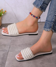 White Faux Leather New Nail Bead Splicing Slide Sandals