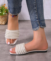 White Faux Leather New Nail Bead Splicing Slide Sandals