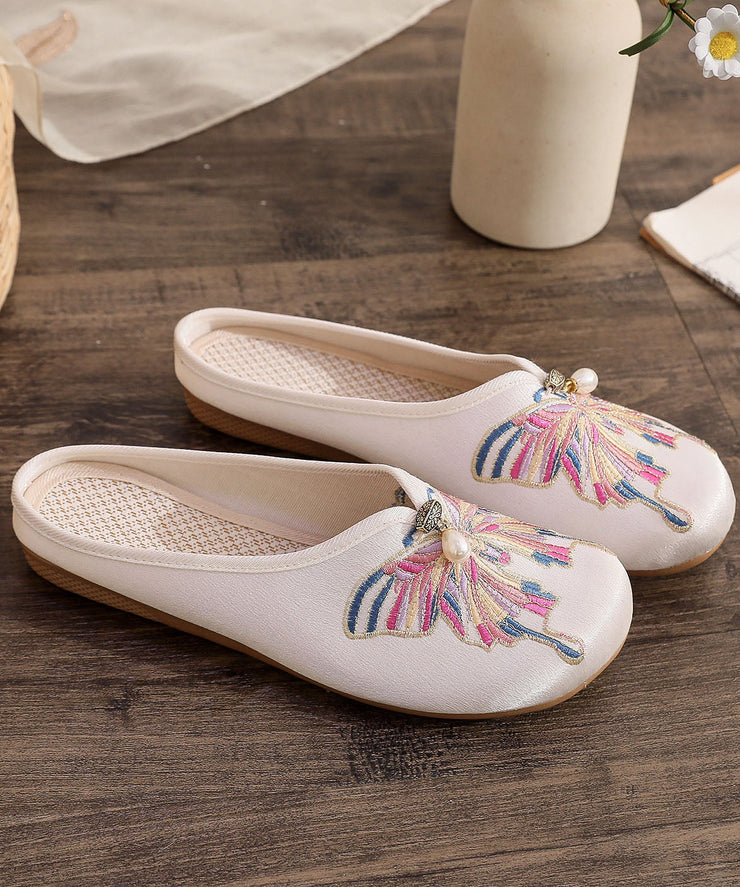 White Flat Slide Sandals Women Cotton Fabric Soft Splicing Embroideried